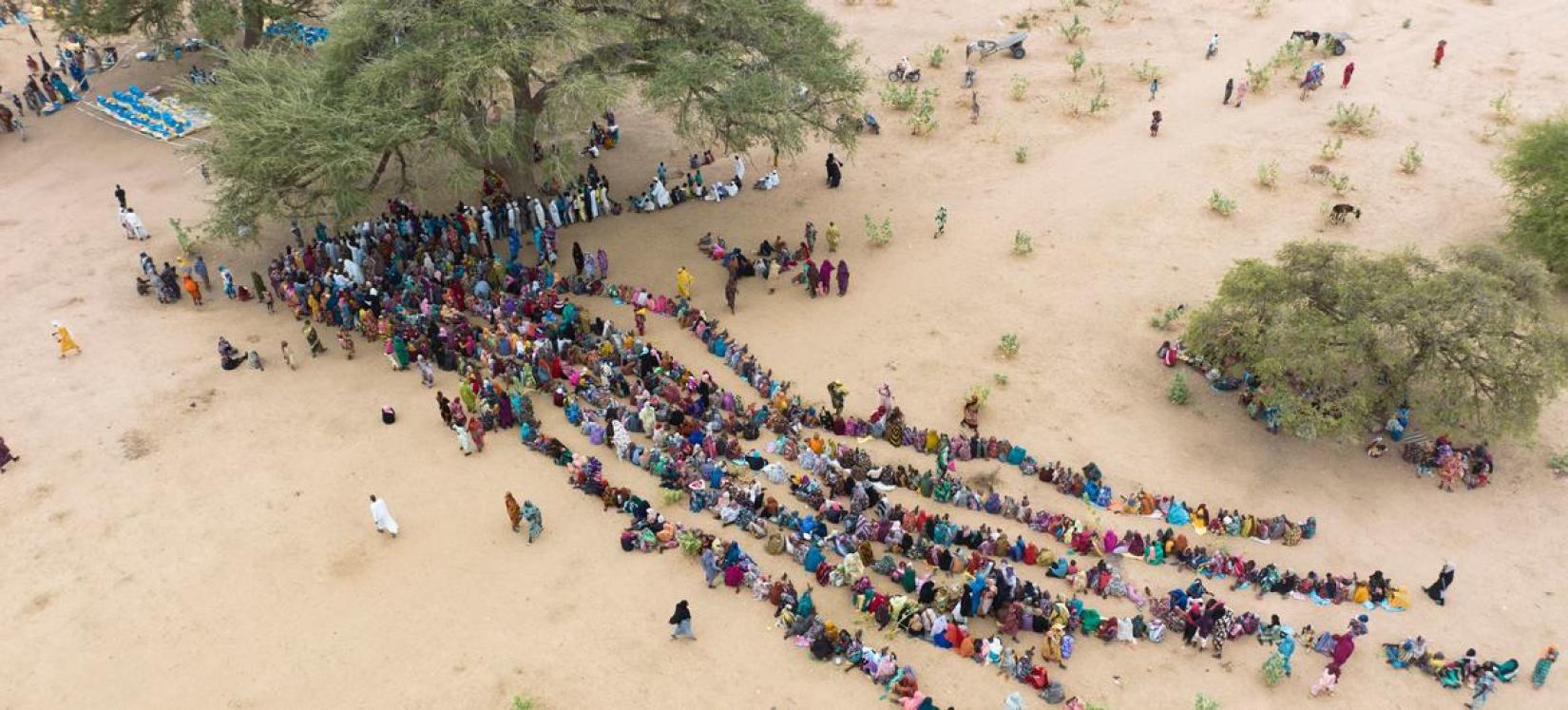 People displaced by conflict in Sudan queue for aid on arrival in Chad.