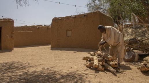 Ahmed Ishag Babiker, 54, piles up firewood in his compound in Kabkabiya in North Darfur, Sudan. He and his family were displaced when armed militias attacked his village in Wadi Bare in 2004.  © UNHCR/Will Swanson